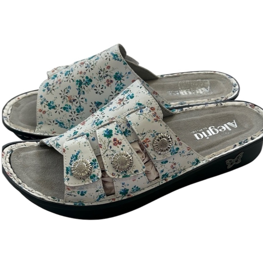 Alegria Leather Multicolor Floral Slide Sandals Cottage Boho Adjustable Women 42